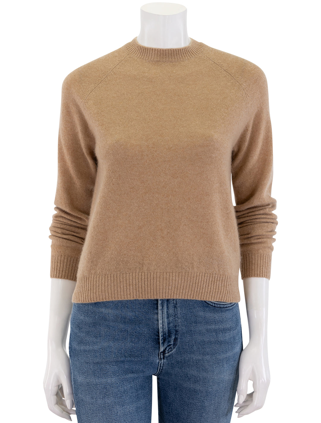 front view of cashmere shrunken crew neck sweater in camel