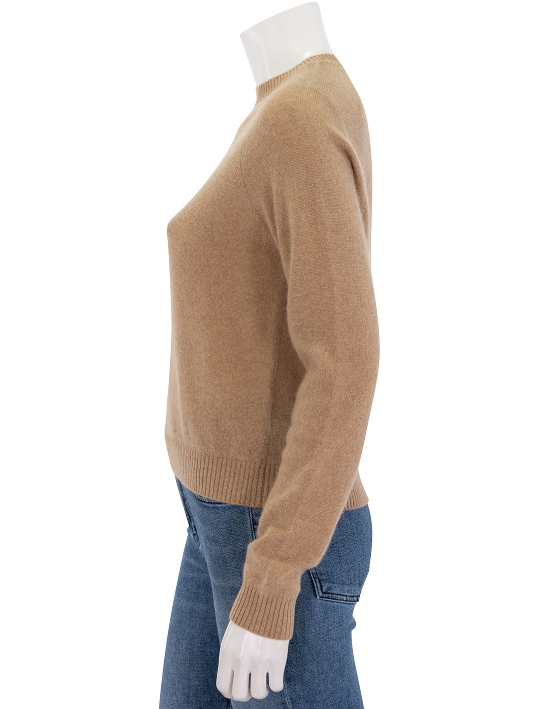 side view of cashmere shrunken crew neck sweater in camel