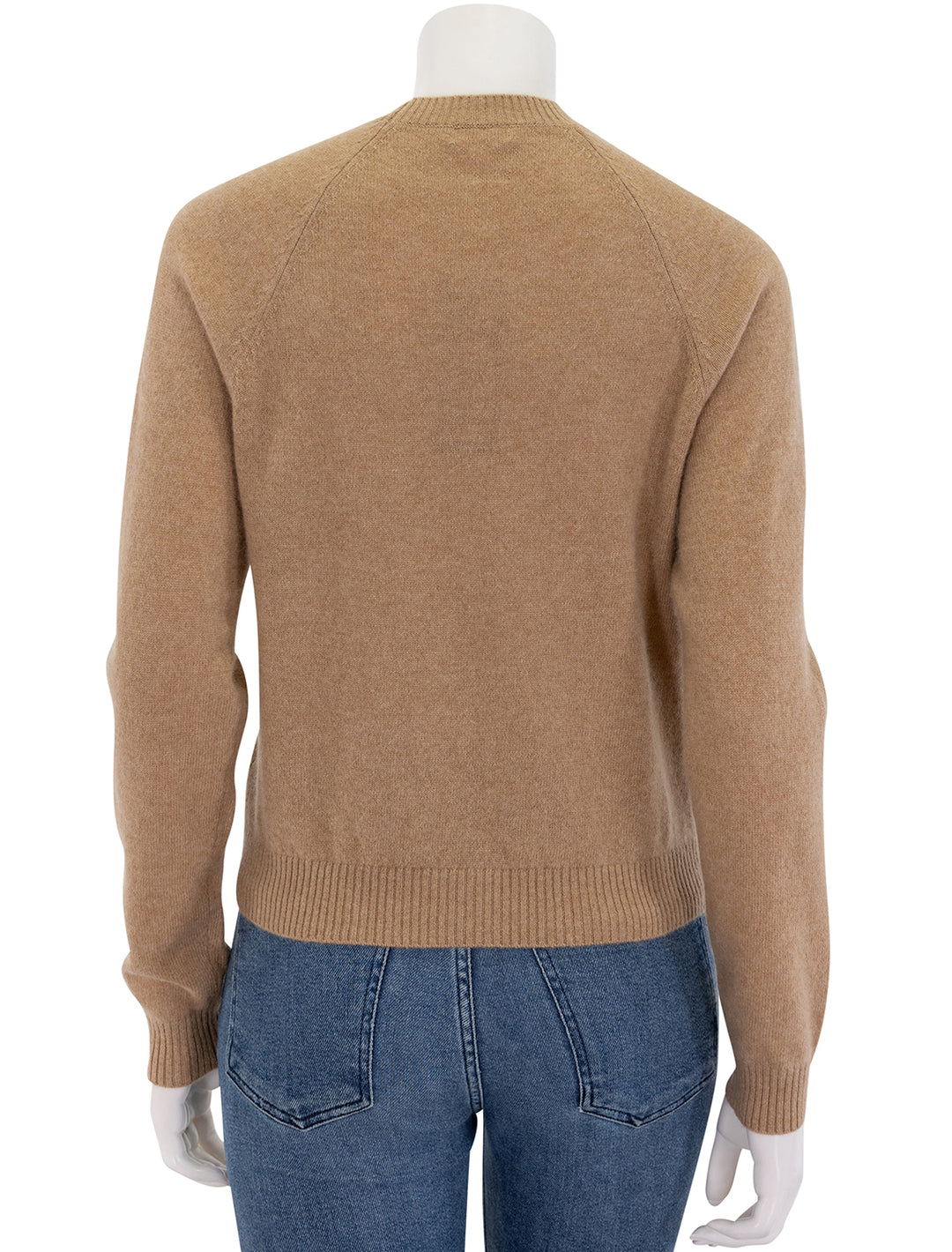 back view of cashmere shrunken crew neck sweater in camel