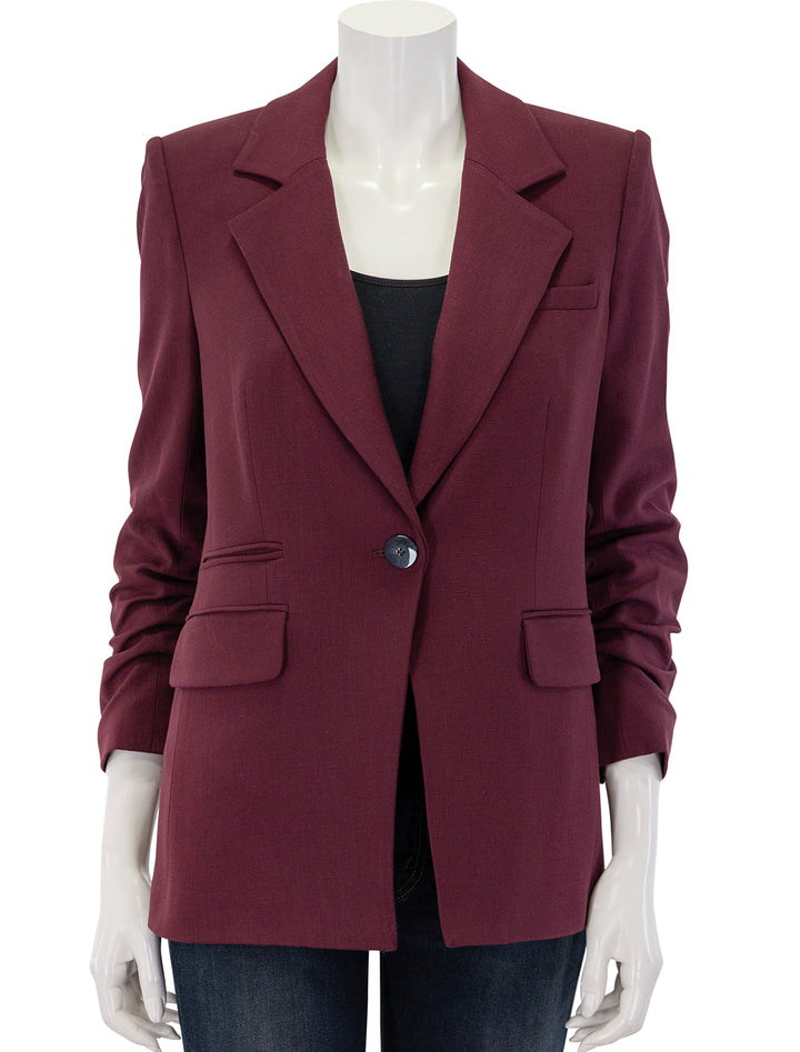 Front view of Veronica Beard's battista dickey jacket in port, buttoned.