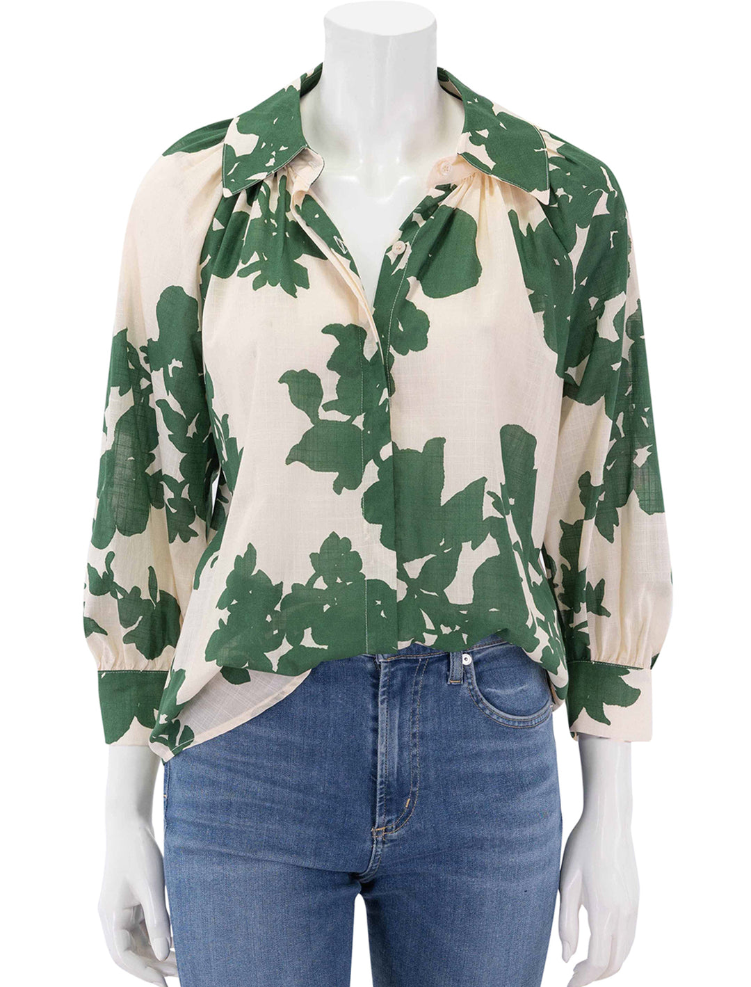 gathered shirt in green floral