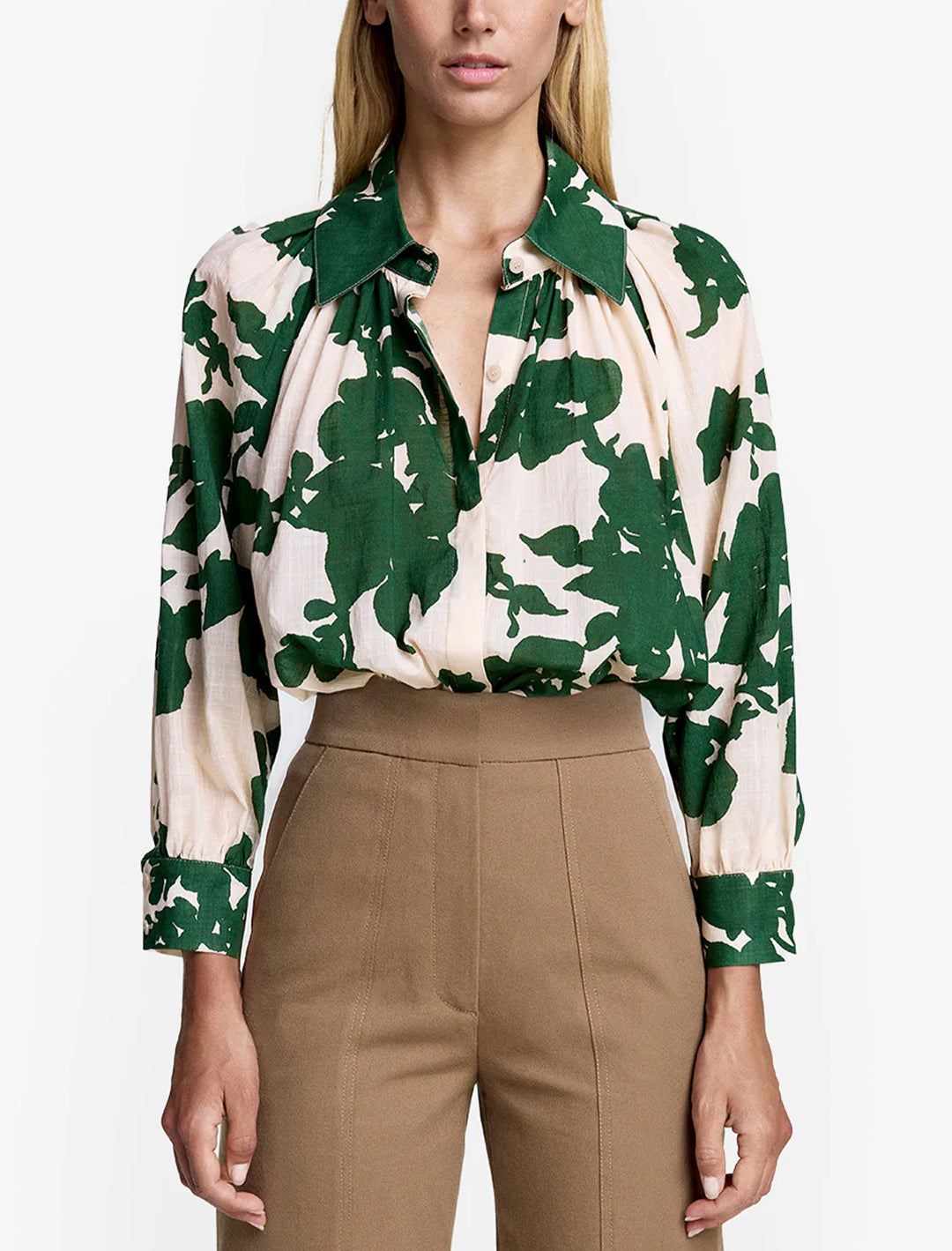 gathered shirt in green floral