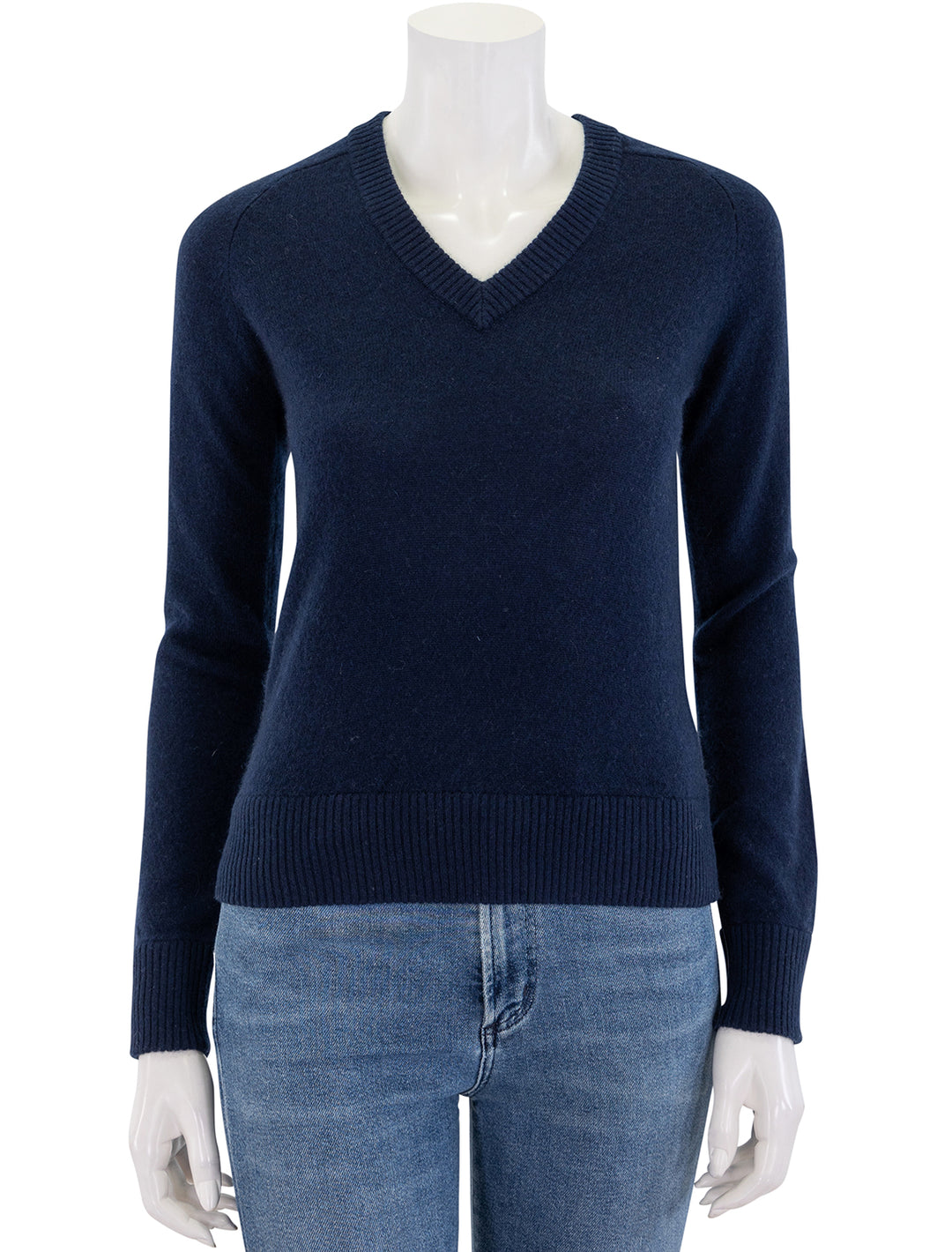 front view of cashmere v neck raglan pullover in navy