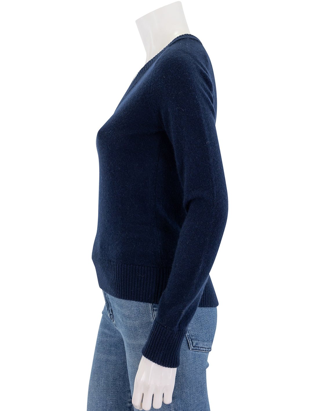 side view of cashmere v neck raglan pullover in navy