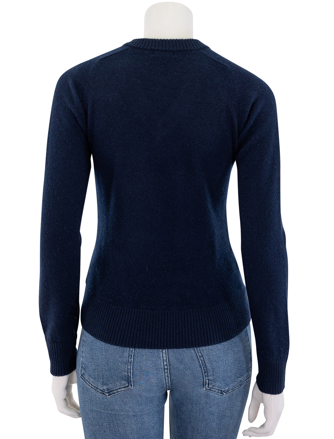 back view of cashmere v neck raglan pullover in navy