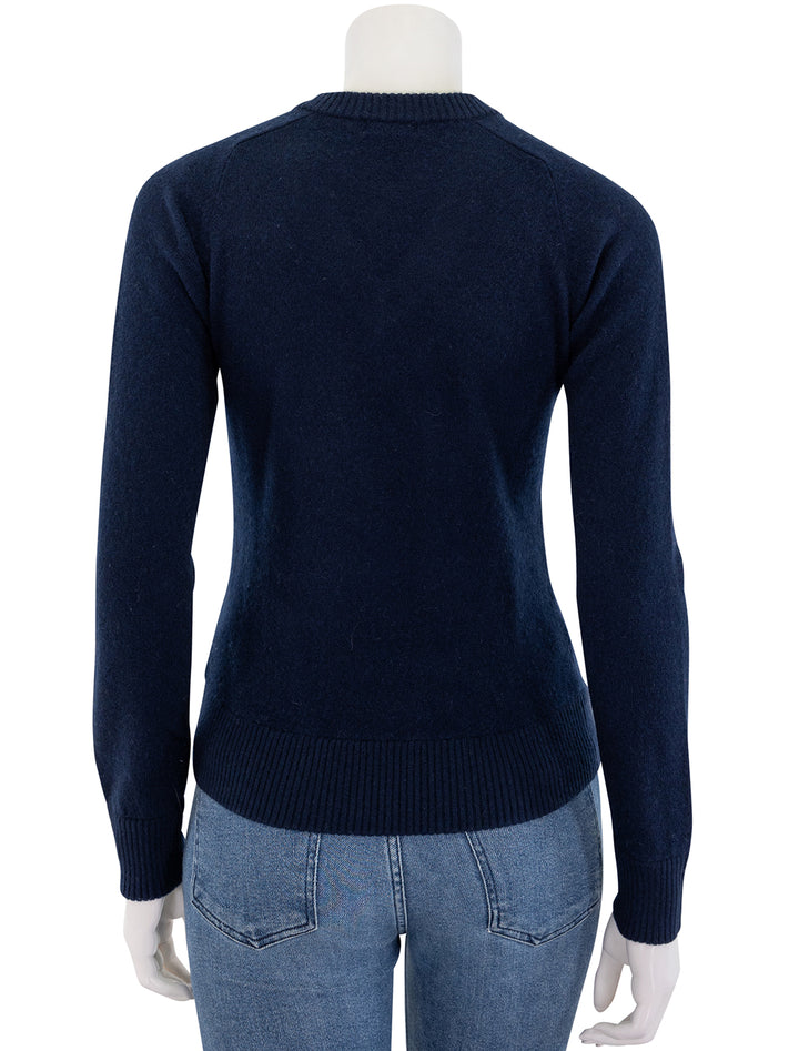 back view of cashmere v neck raglan pullover in navy