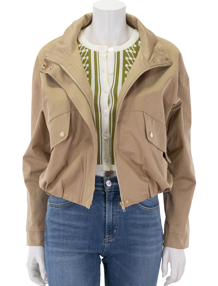 front view of eplo jacket in camel un-zipped