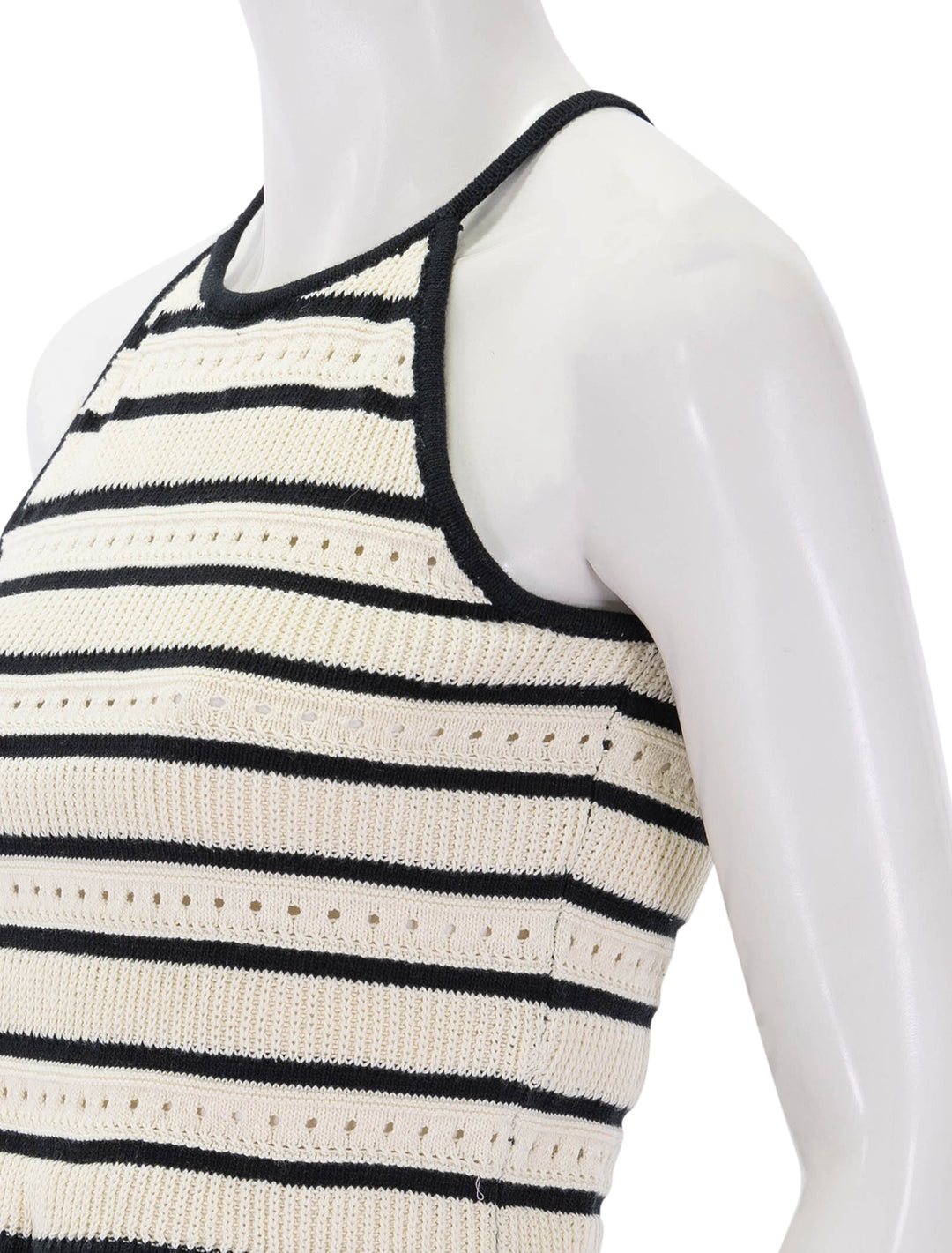 close up view of pany knit tank in black and creme