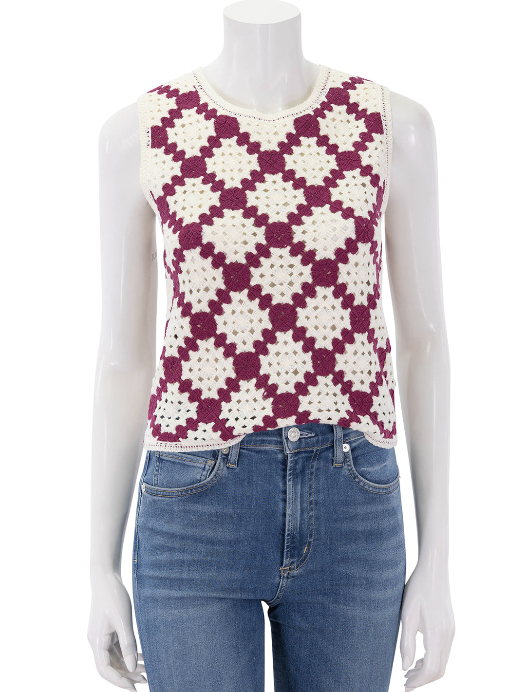 front view of perida crochet top in prune