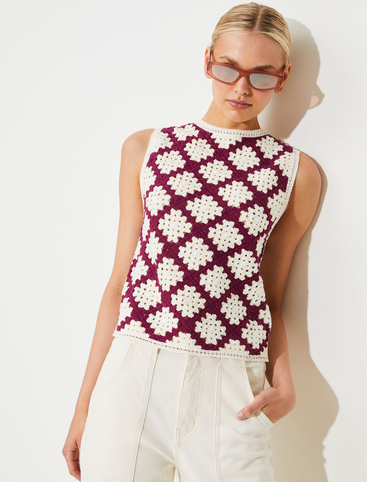 model wearing perida crochet top in prune