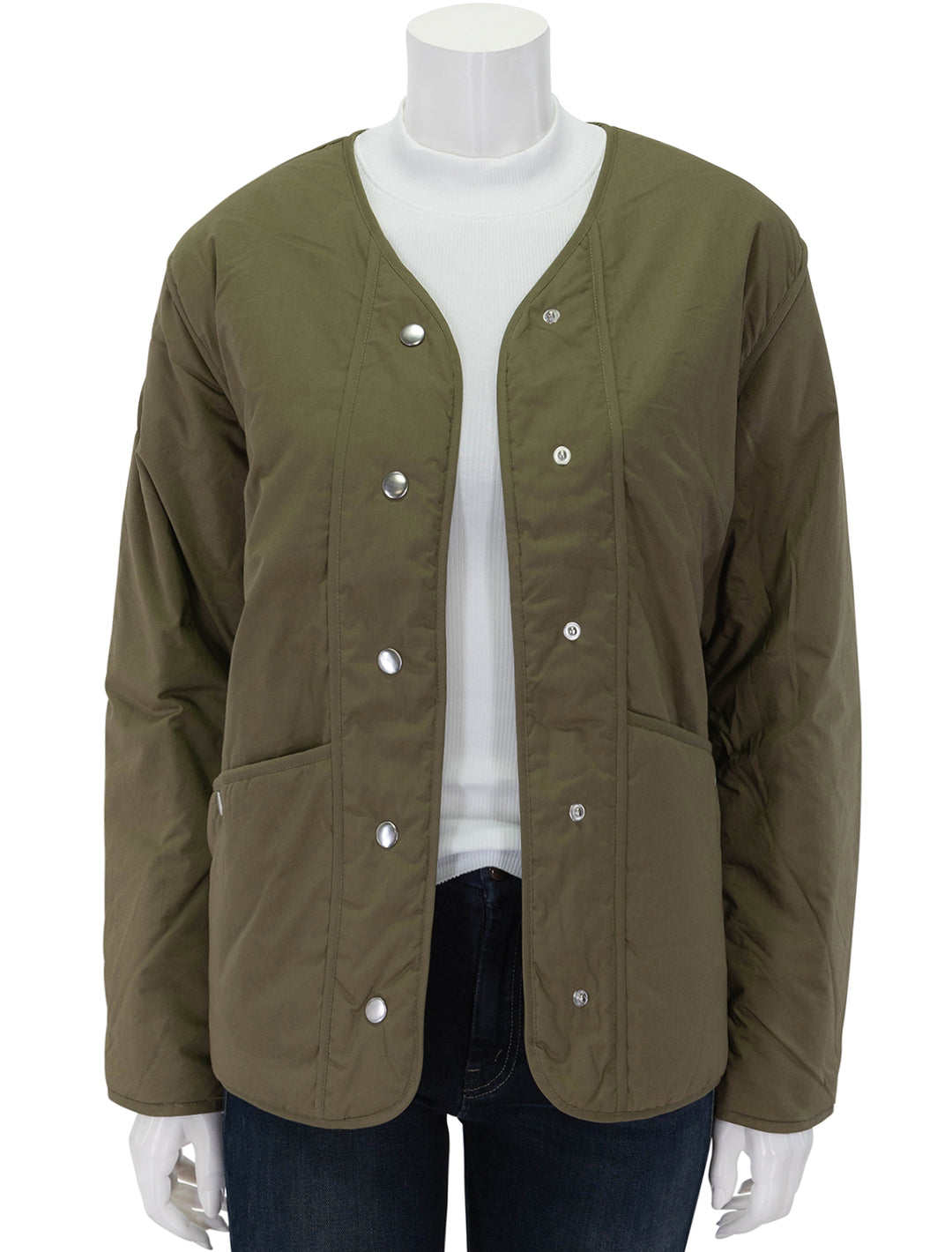 Front view of Rails' willey jacket in olive, unbuttoned.