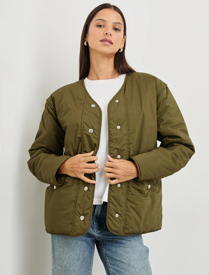 Model wearing Rails' willey jacket in olive.