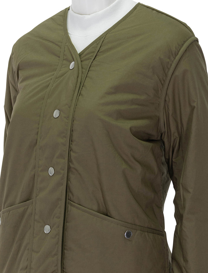 Close-up view of Rails' willey jacket in olive.