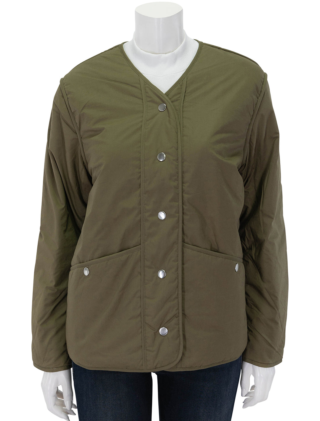 Front view of Rails' willey jacket in olive, buttoned.