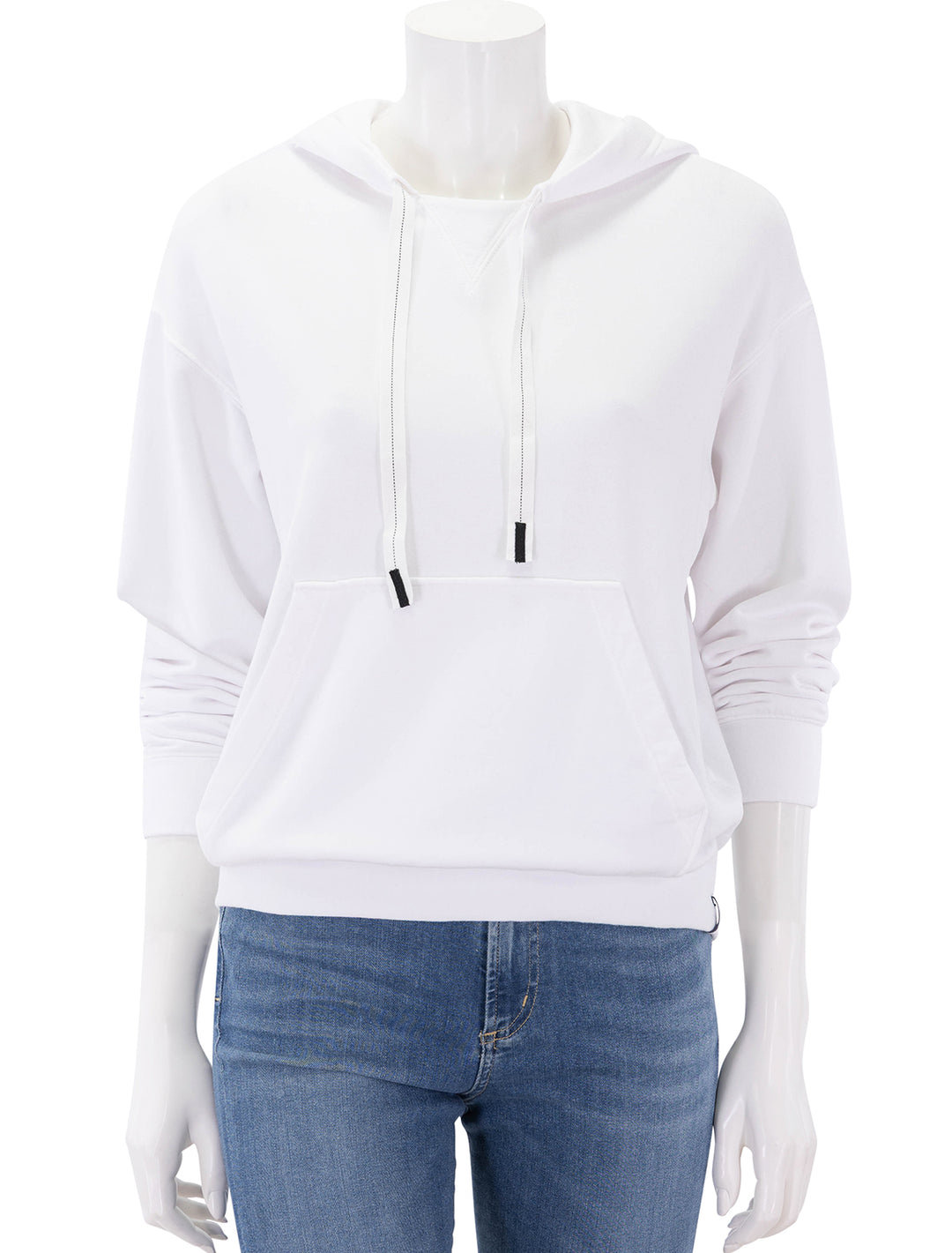 front view of softest fleece hood pullover in white