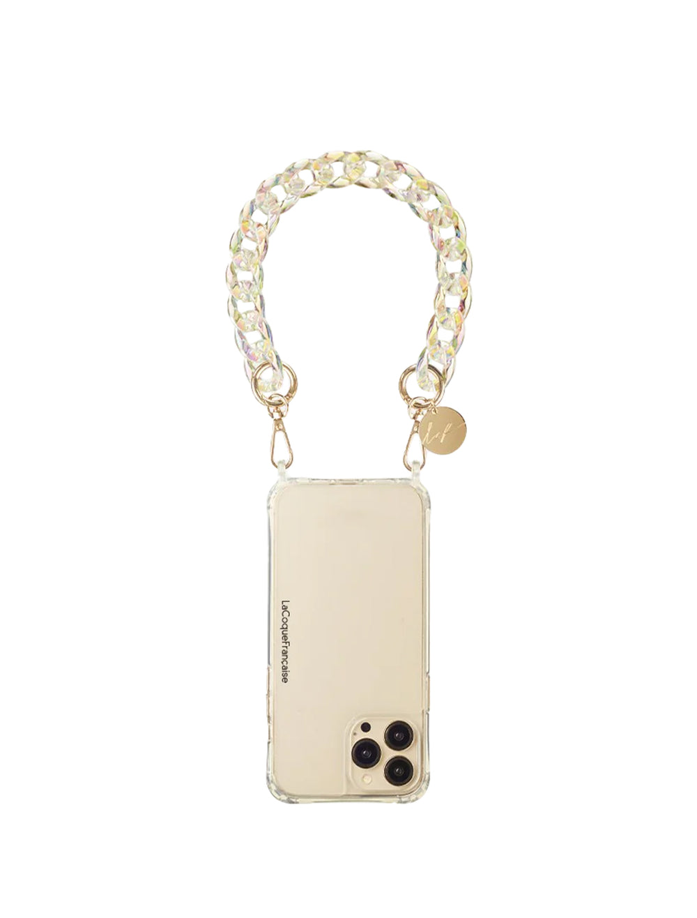 View of La Coque Francaise's sarah holographique phone strap 40cm attached to a phone.