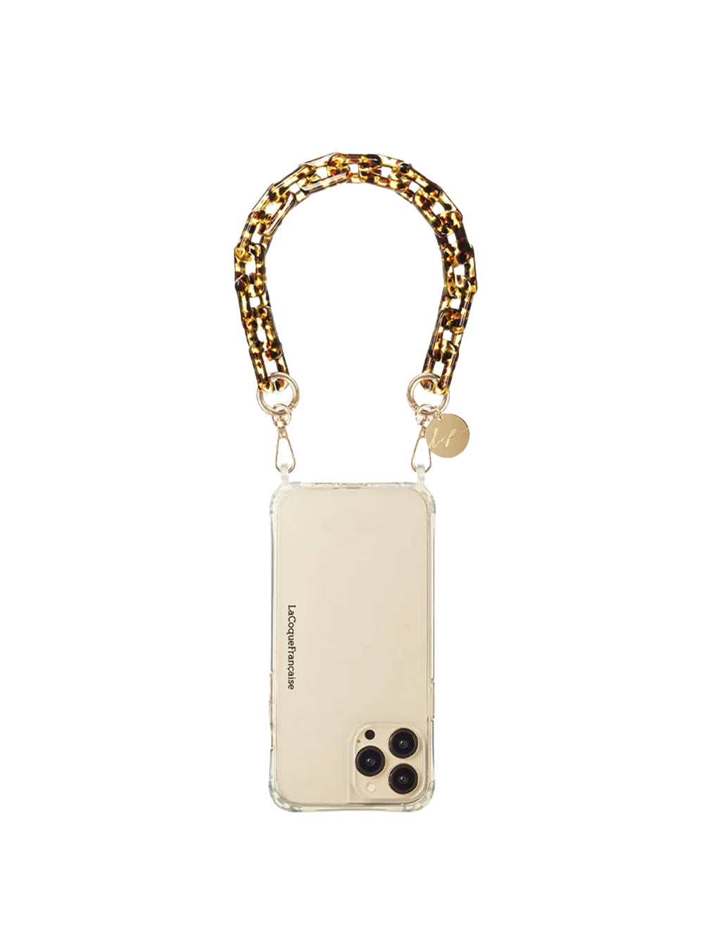 Overhead view of La Coque Francaise's emmy phone strap marron 40cm attached to a phone