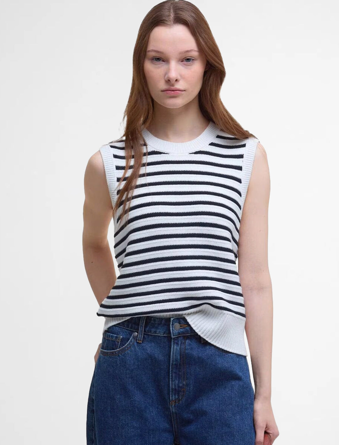 emberly sleeveless knit tank in cloud and navy stripe