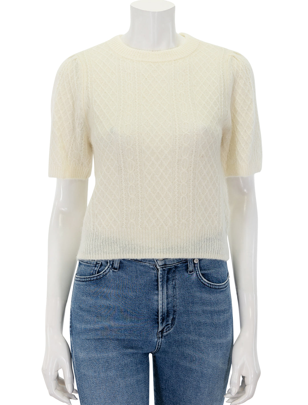 Front view of Lilla P.'s cropped cable sweater in ivory.