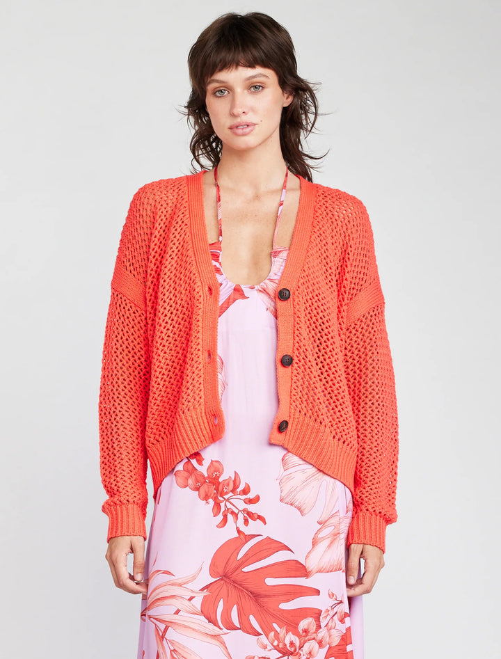 maggie fishnet cardigan in hot coral