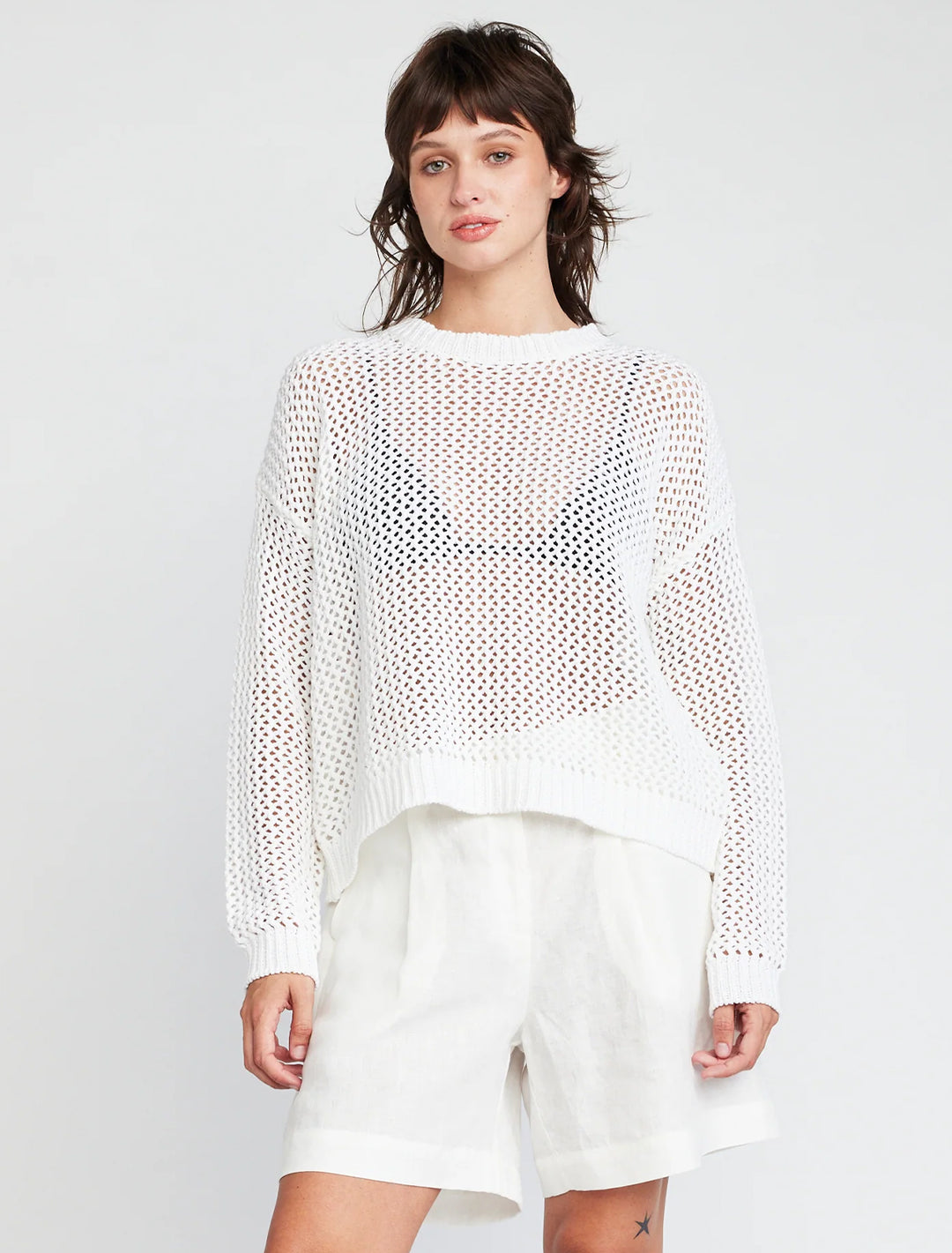 alanna long sleeve fishnet pullover in white