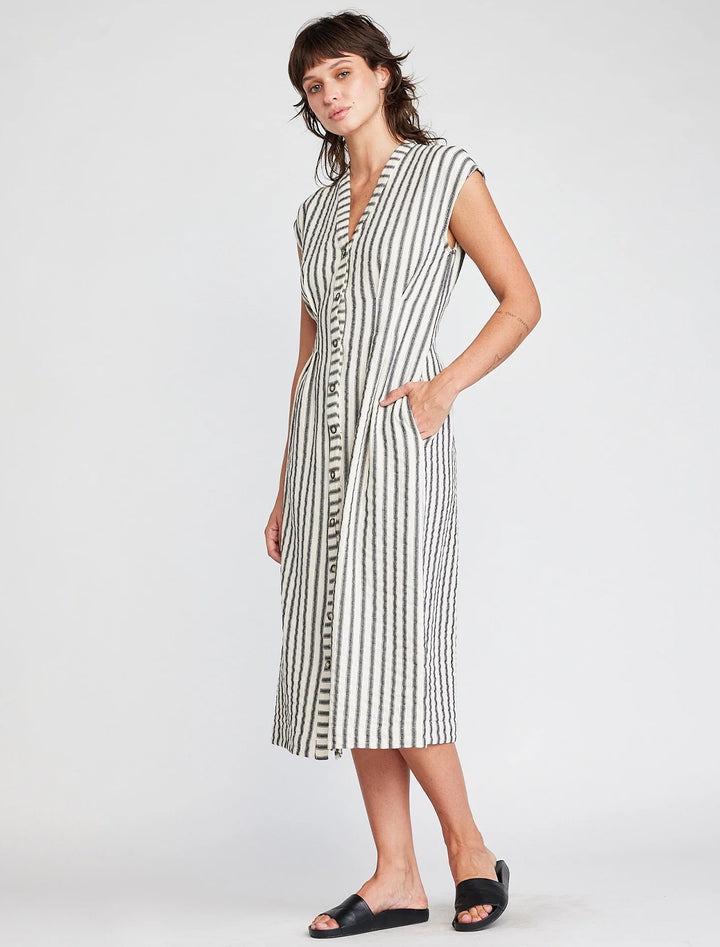 jamila button front midi dress in black stripes