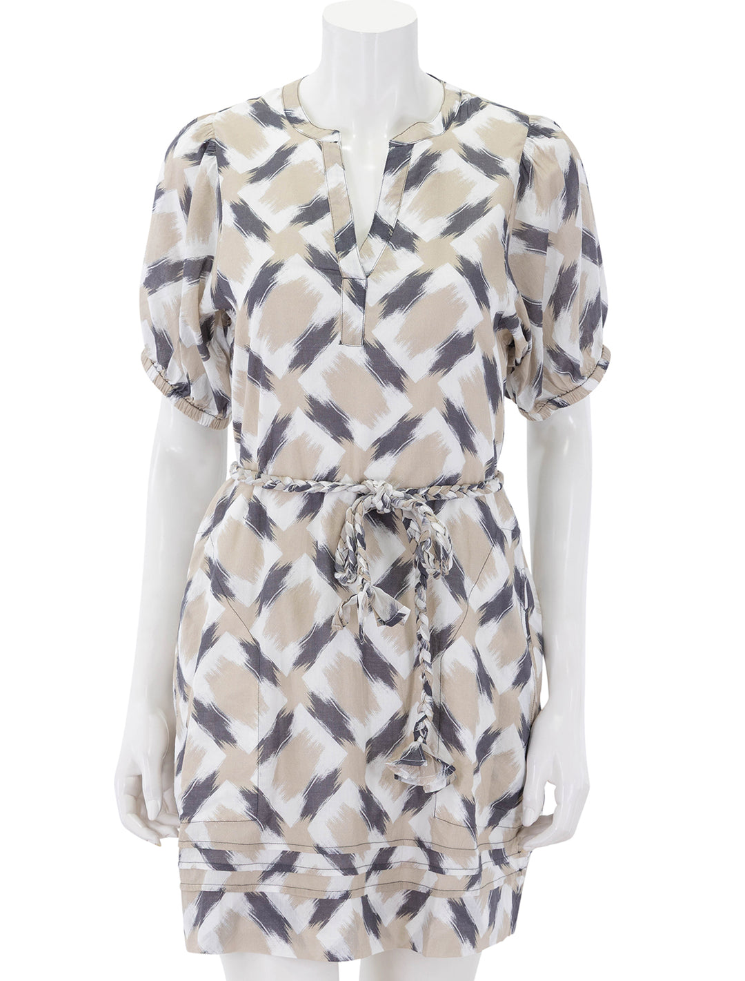 front view of neutral ikat print dress