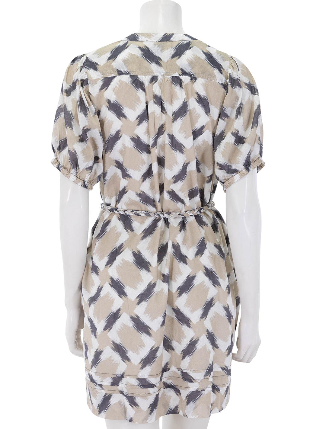 back view of neutral ikat print dress