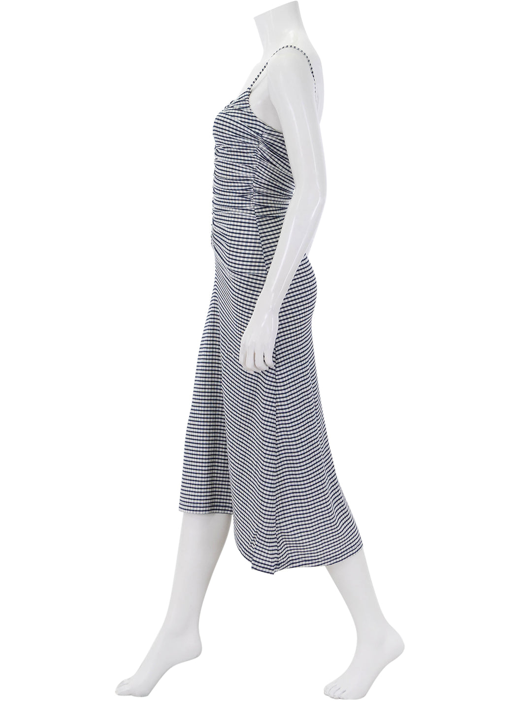 side view of mari dress in navy gingham