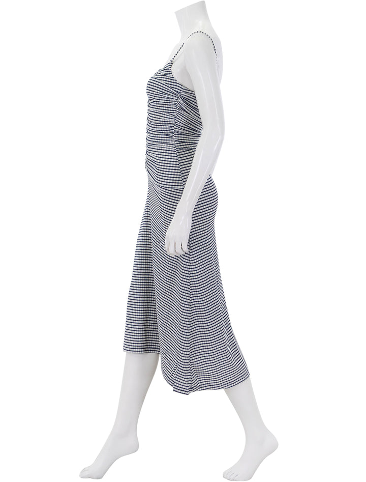 side view of mari dress in navy gingham