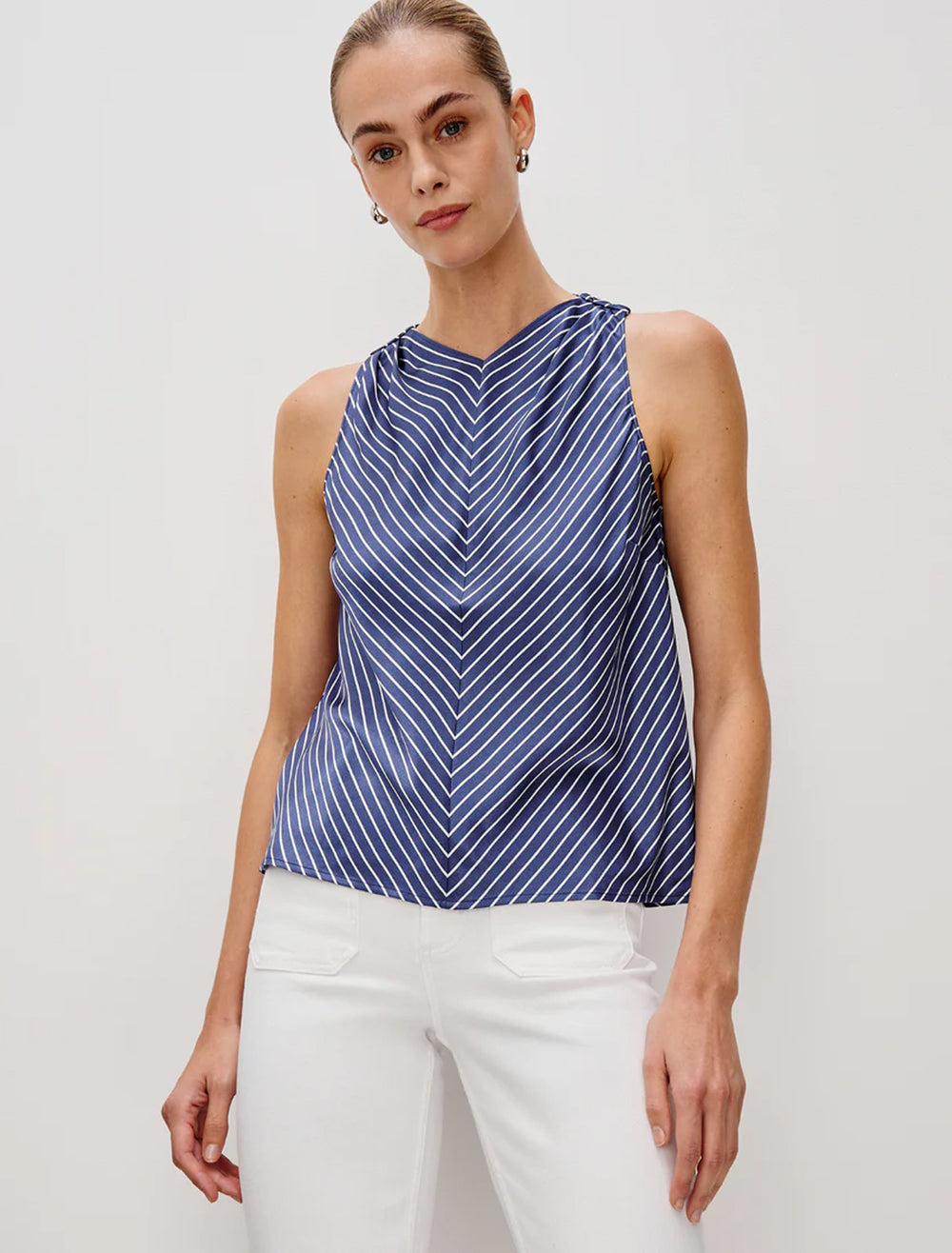 model wearing aris top in twilight stripe