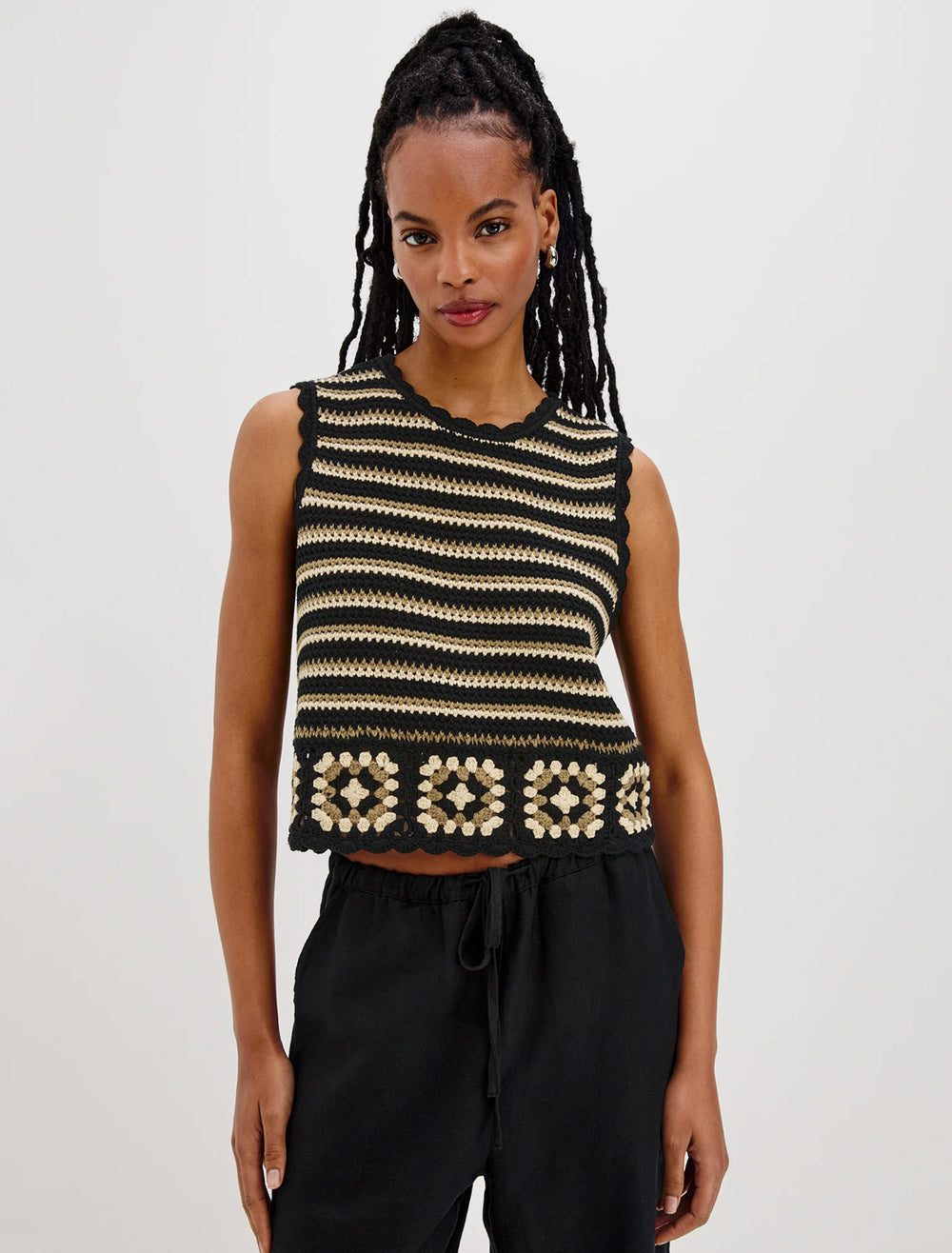 model wearing hazel tank in milos crochet