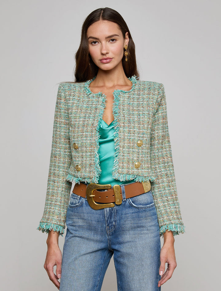 clydie collarless crop blazer in lagoon tweed
