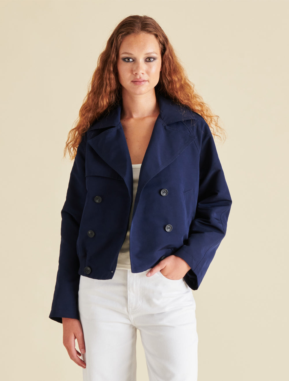 model wearing maris jacket in marine blue