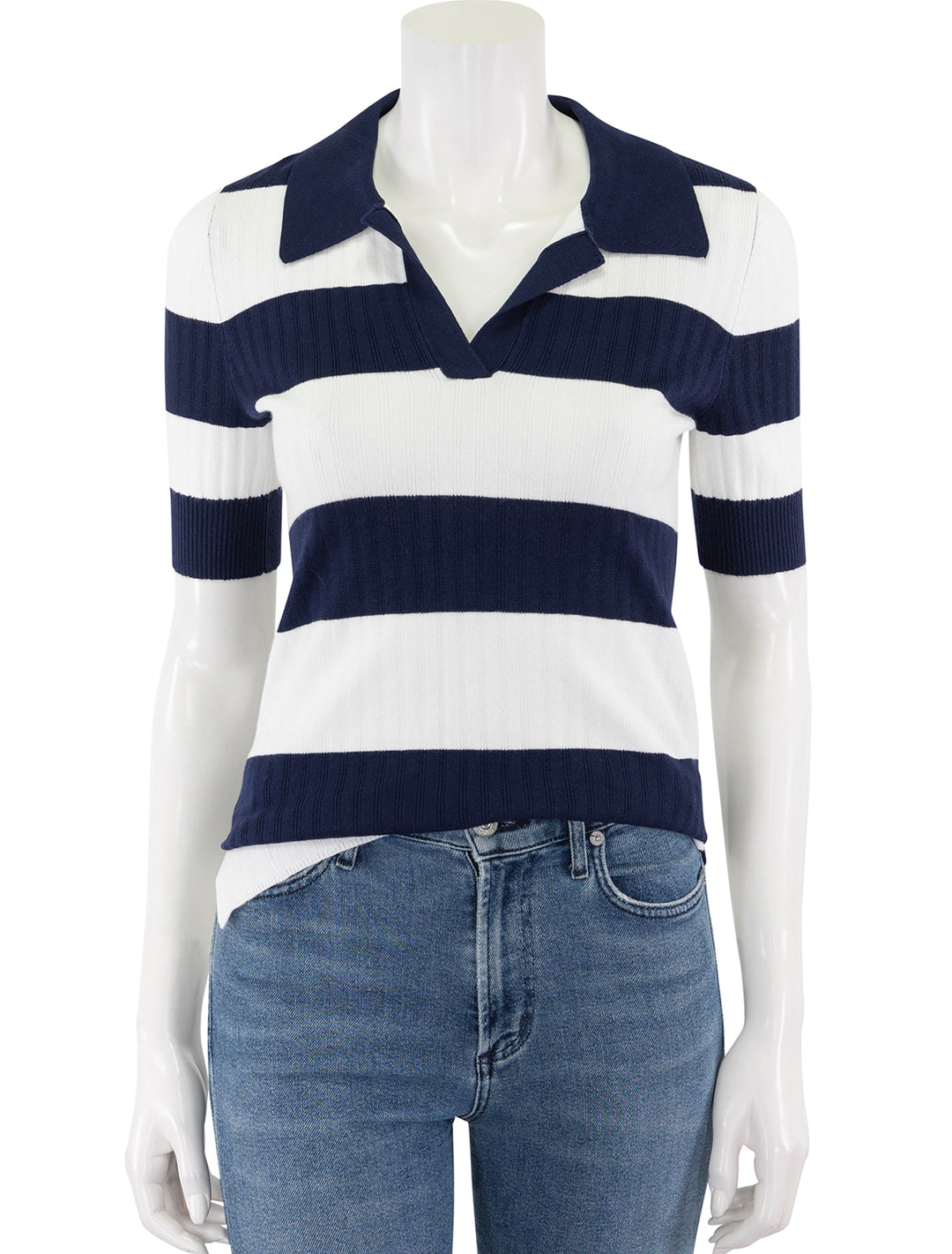 front view of bryson sweater top in maritime blue stripe