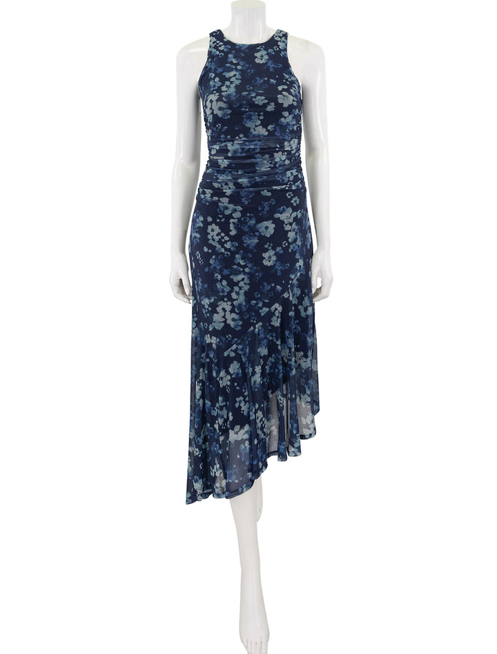 front view of laney dress in indigo floral