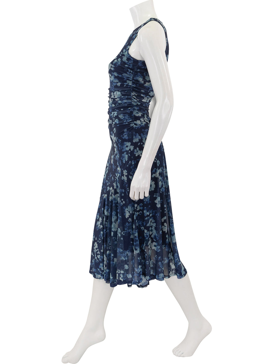 side view of laney dress in indigo floral