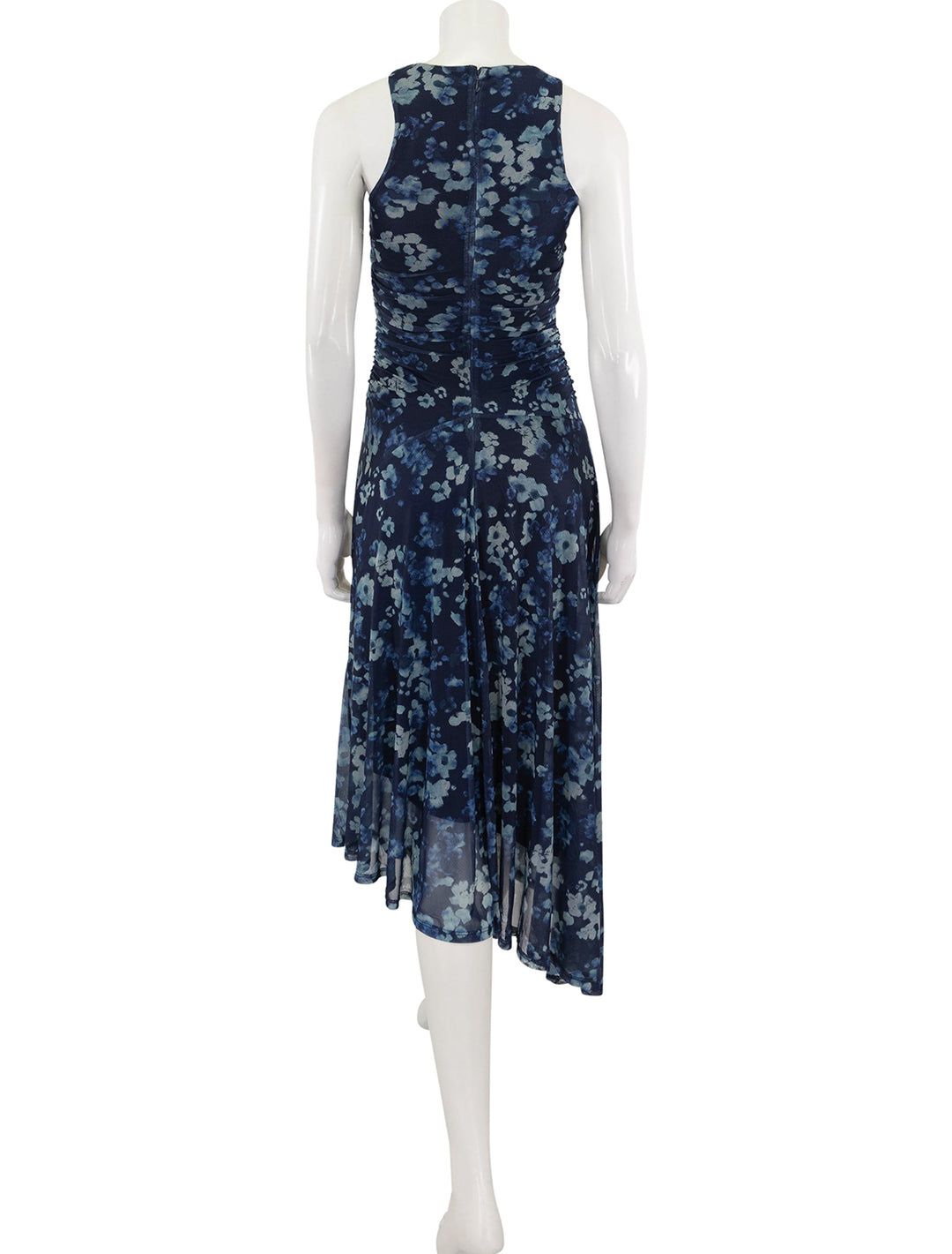 back view of laney dress in indigo floral