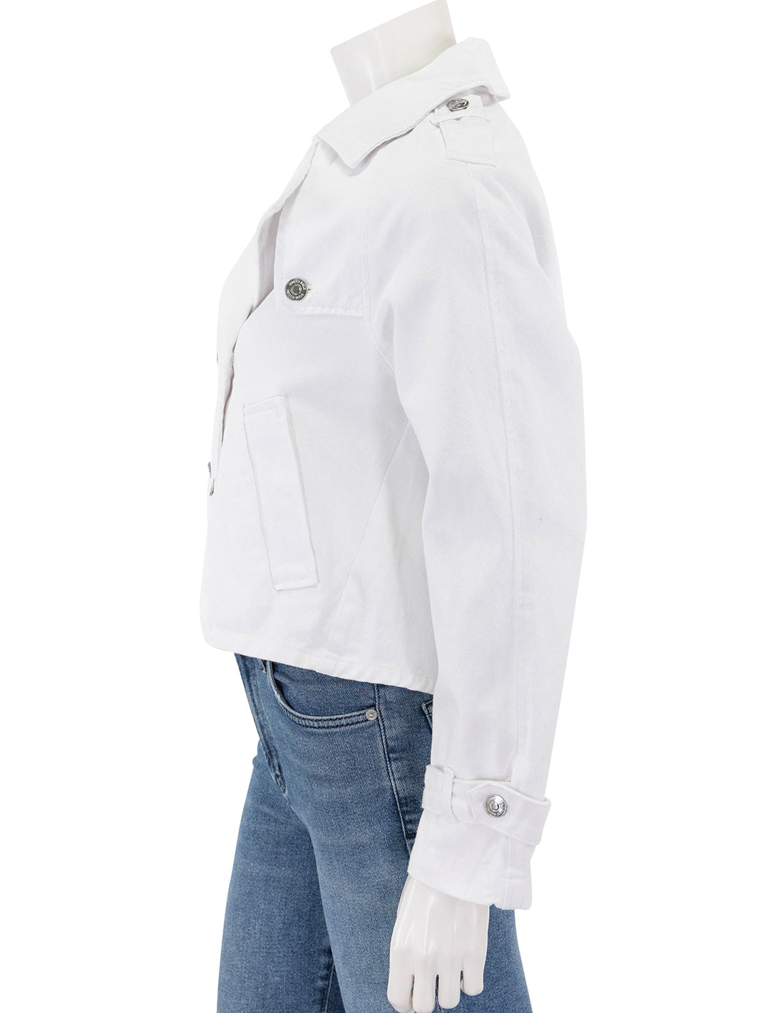 side view of sirus jacket in white