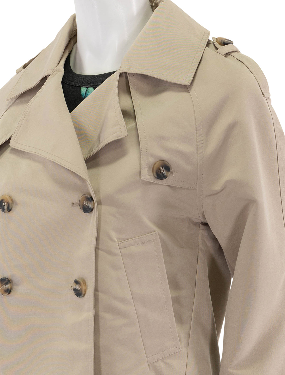 close up view of sirus jacket in light khaki