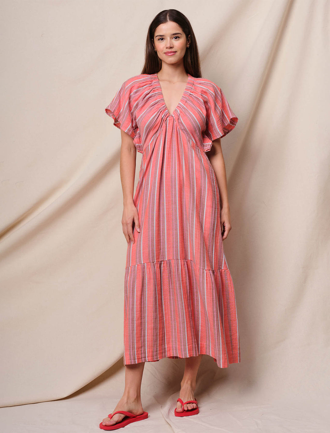 gauze stripe dress in bright coral