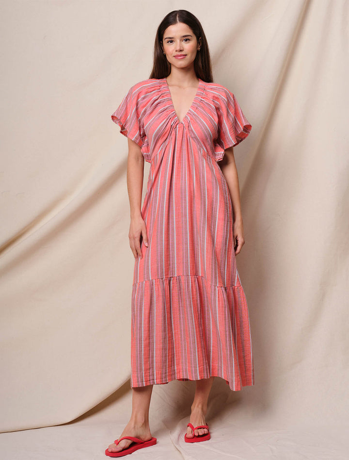 gauze stripe dress in bright coral