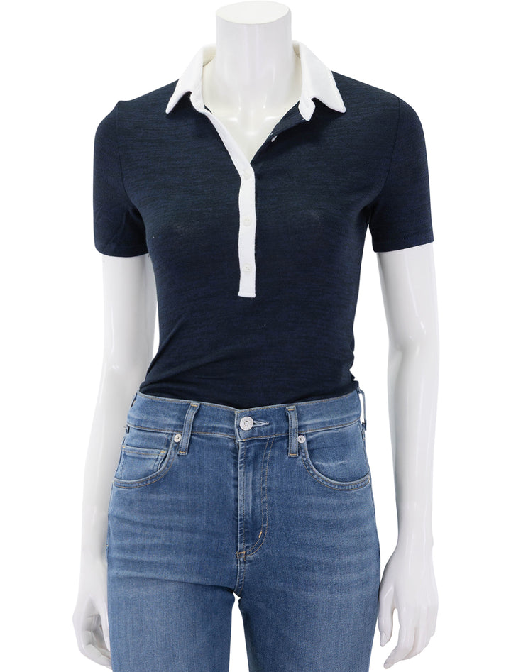 the knit button down short sleeve polo in navy