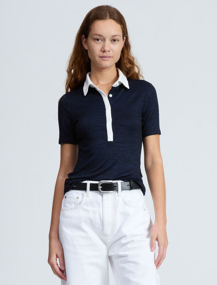 the knit button down short sleeve polo in navy