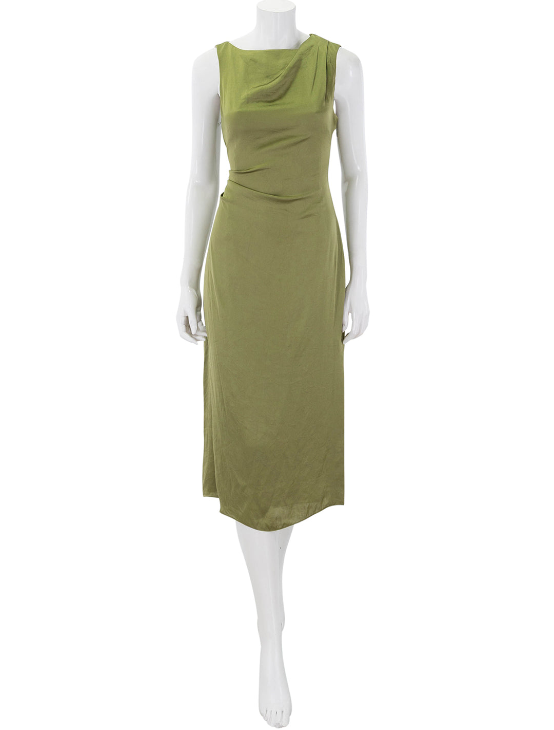 front view of shoulder drape dress in avocado
