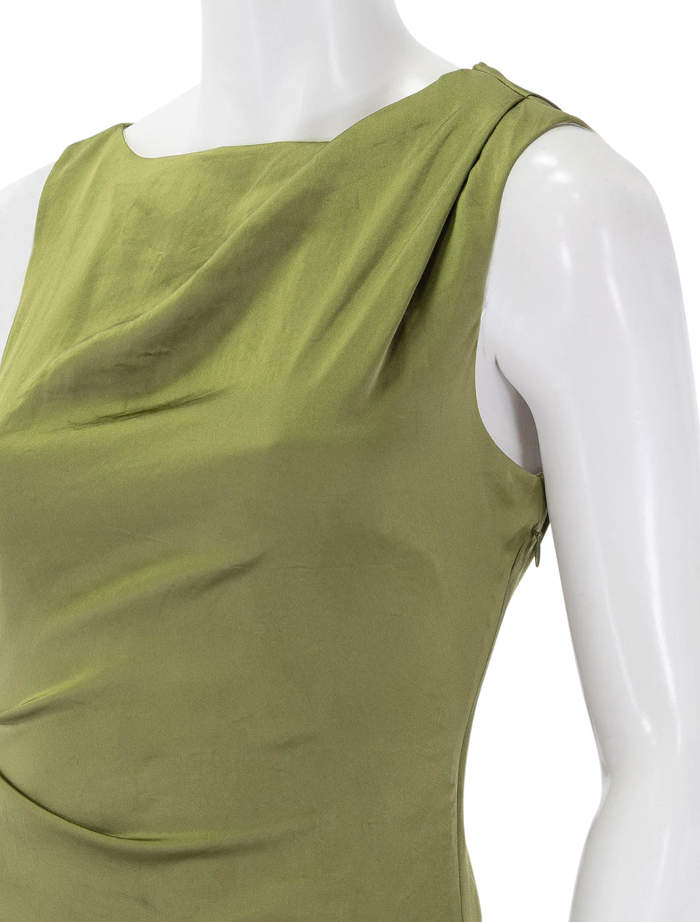 close up view of shoulder drape dress in avocado
