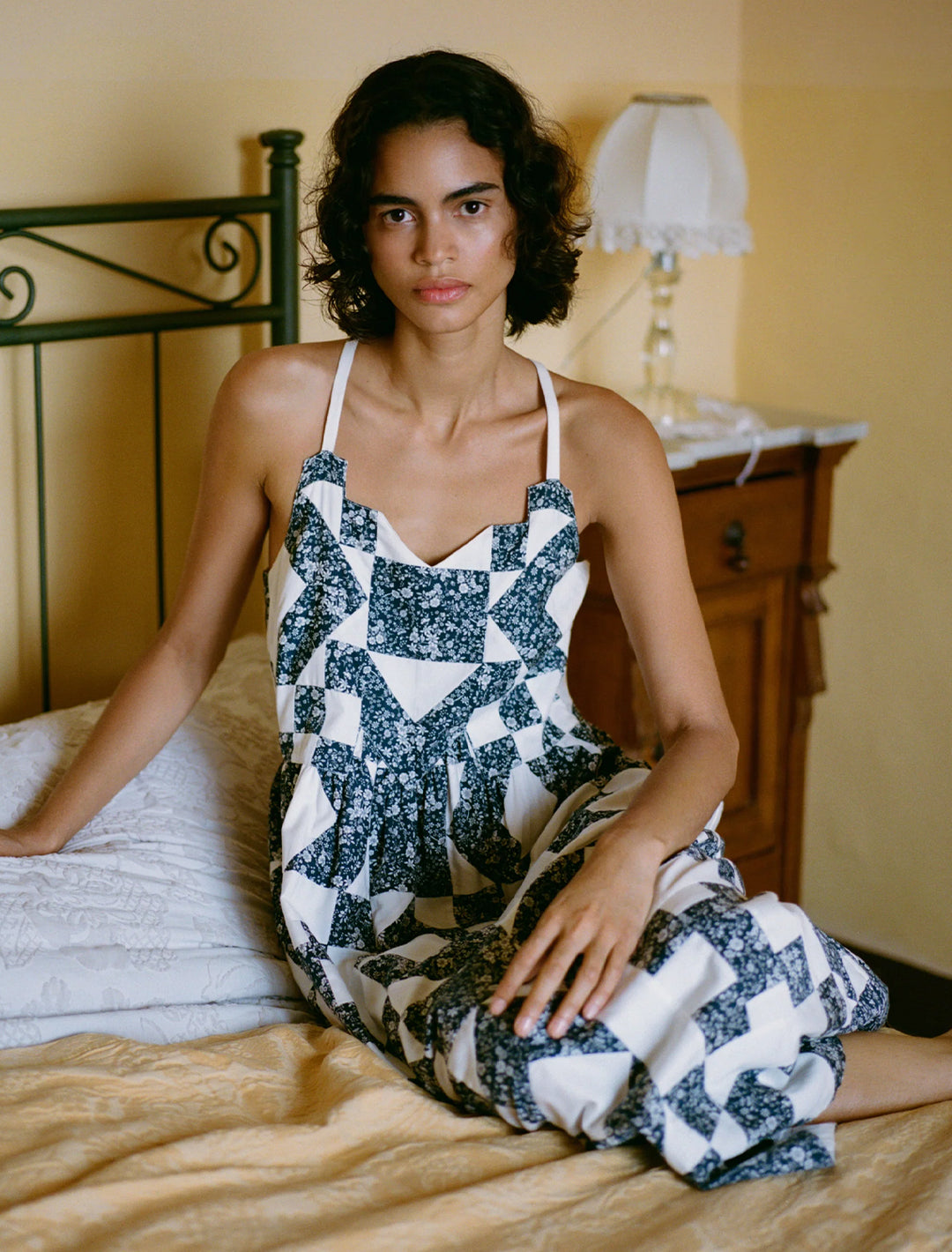 ana patchwork print tank dress in navy quilt