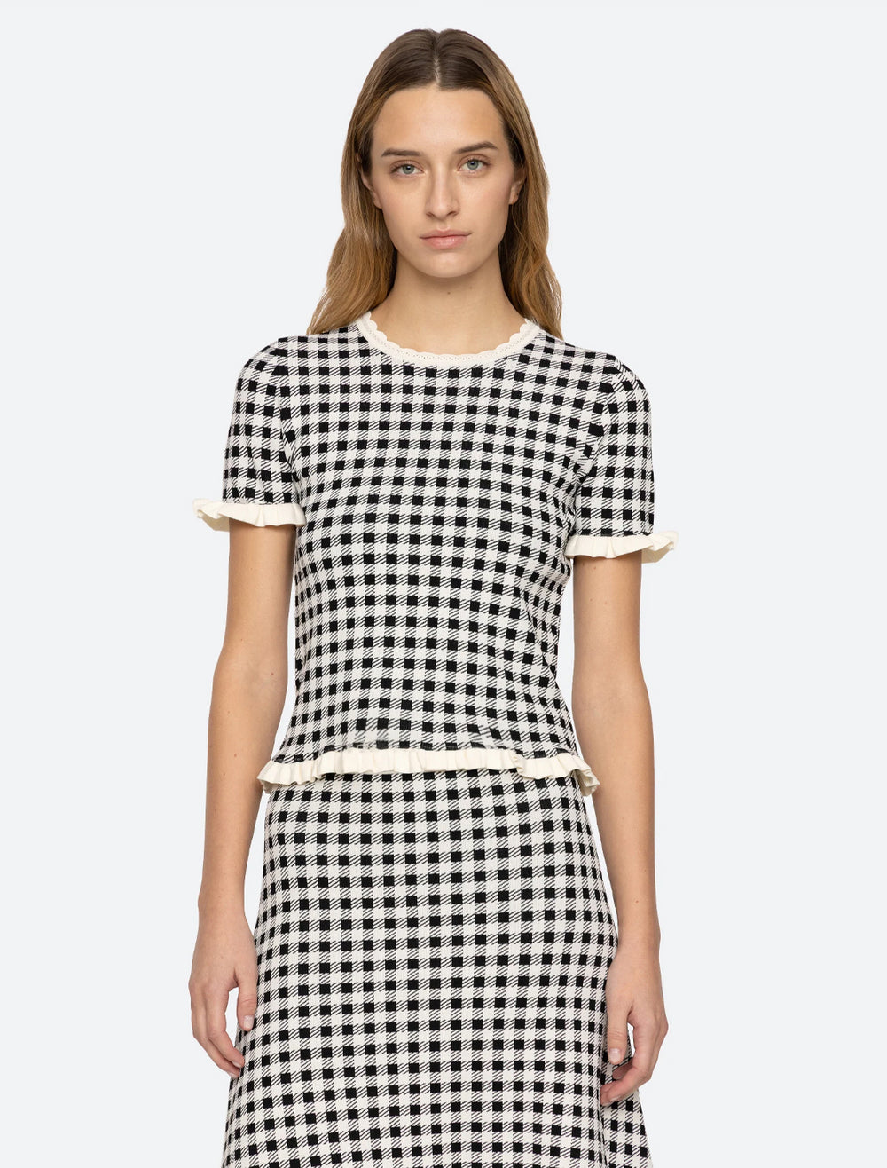 model wearing saige gingham knit top