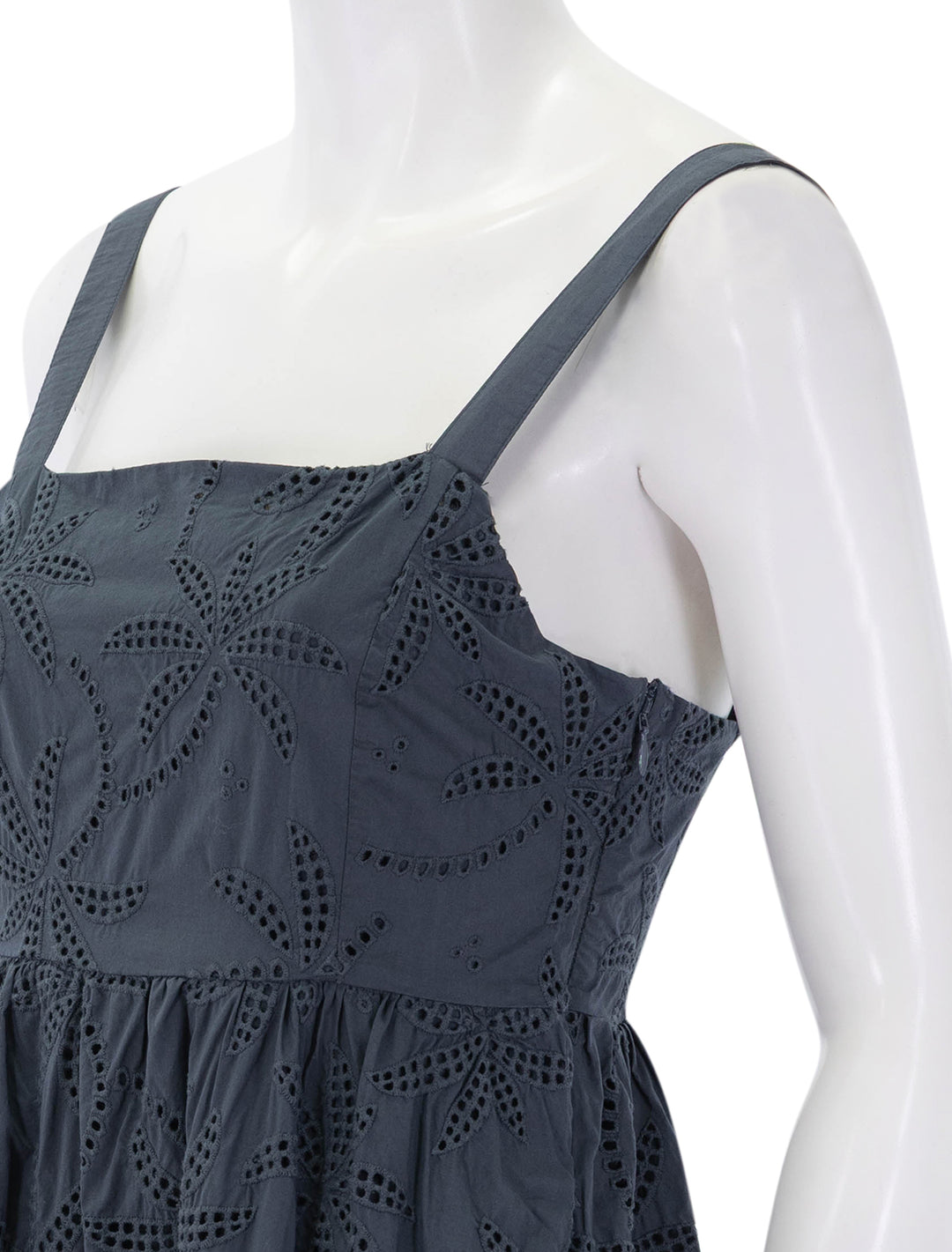 close up view of rosette eyelet dress in indigo