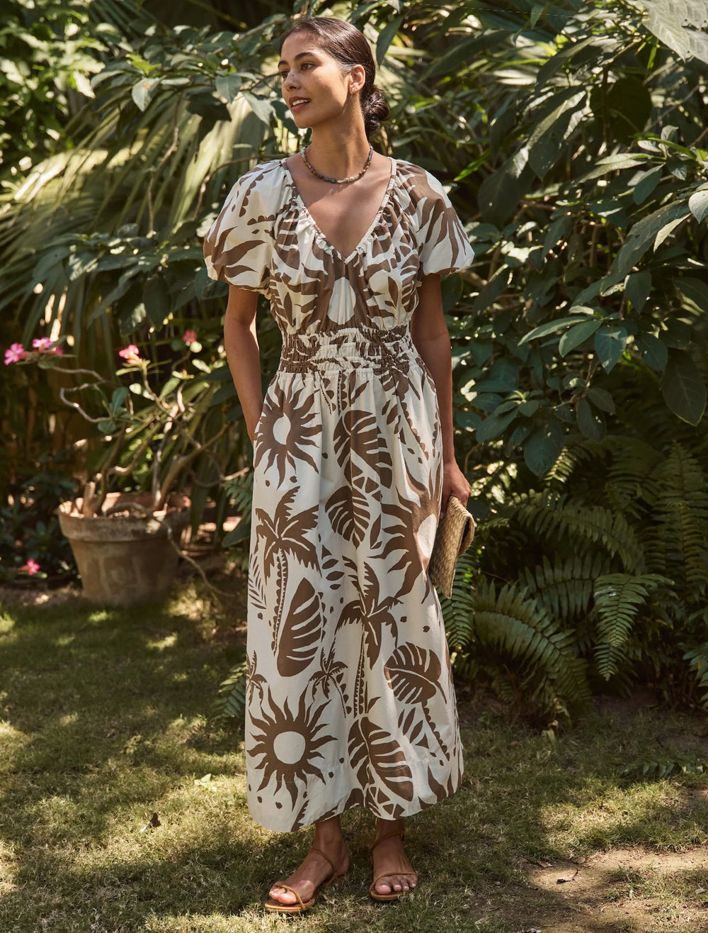 model wearing emery poplin dress in slarlit desert